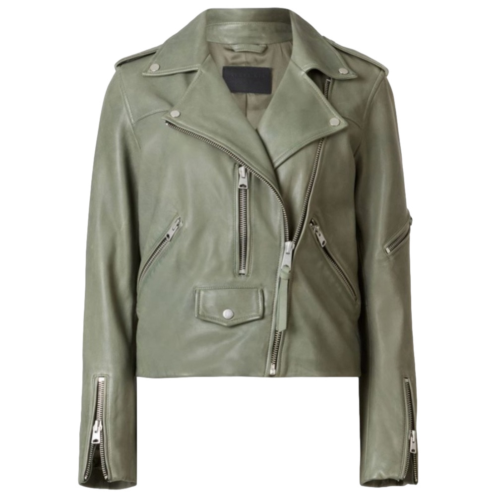 AllSaints Darnley Leather Biker Jacket Sage Green - Picture 2 of 10